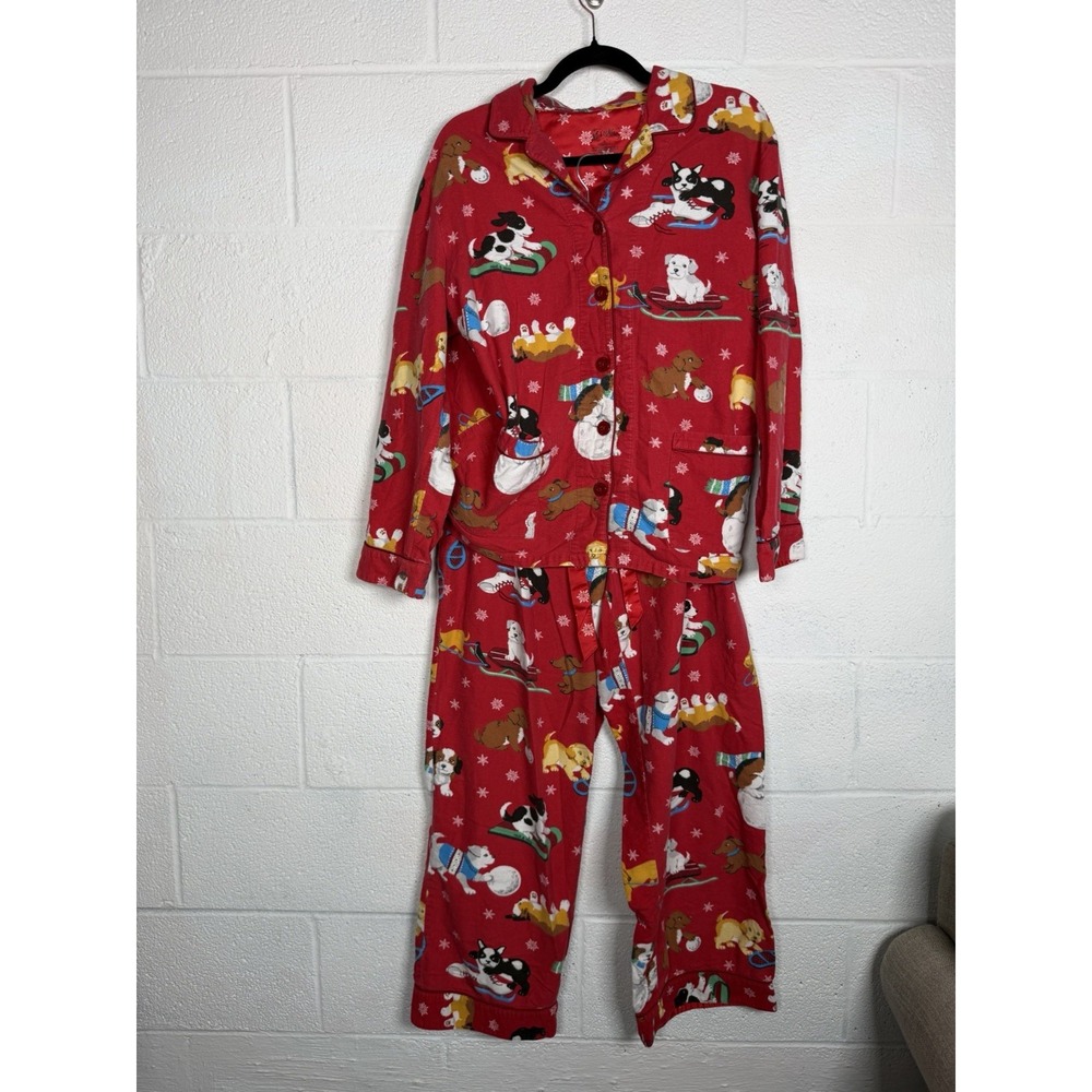 Nick & Nora Women's L Christmas Dog Pajama Set Red Cotton Holiday Sleepwear